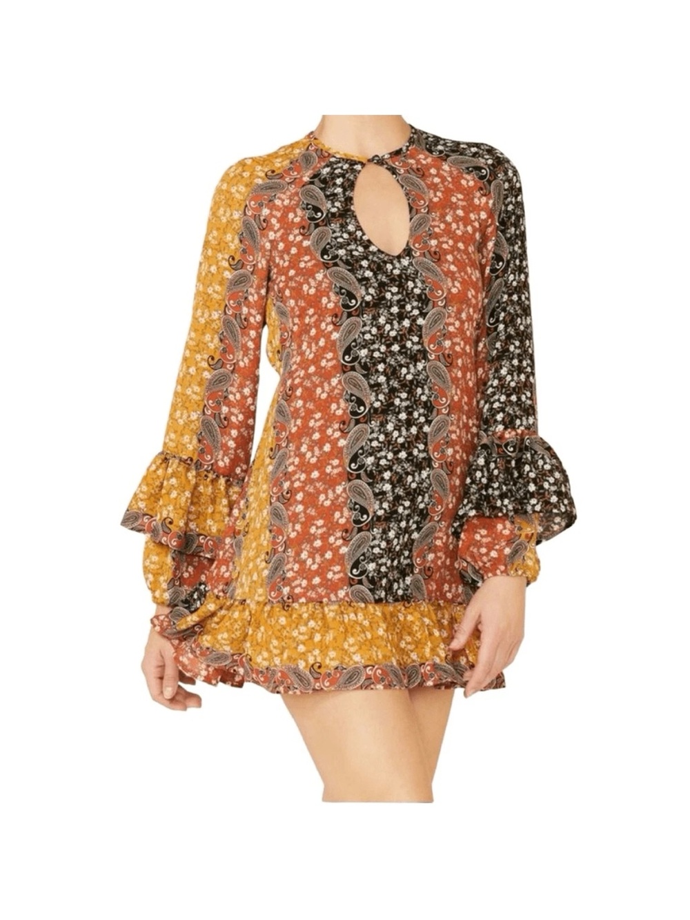 Shyanne Mixed-Print Keyhole Ruffle Mini Western Dress in Mustard, Rust & Black